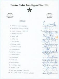 Pakistan tour to England 1974. Official autograph sheet with printed title and players’ names, fully signed in ink by all nineteen listed members of the touring party. Signatures are Intikhab Alam (Captain), Asif Iqbal, Majid Khan, Mushtaq Mohammad, Wasim