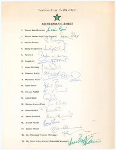 Pakistan tour to England 1978. Official autograph sheet fully signed in different coloured inks by all nineteen listed members of the touring party. Signatures are Wasim Bari (Captain), Wasim Raja, Sarfraz Nawaz, Sadiq Mohammad, Talat Ali, Liaqat Ali, Jav