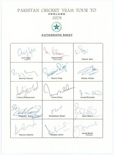 Pakistan team for the Prudential World Cup, England 1979. Official autograph sheet with printed title and players&rsquo; names, fully signed in ink in different coloured pens by all fifteen of the listed members of the touring party. Signatures are Asif Iqbal (