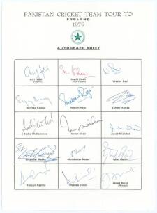 Pakistan team for the Prudential World Cup, England 1979. Official autograph sheet with printed title and players’ names, fully signed in ink in different coloured pens by all fifteen of the listed members of the touring party. Signatures are Asif Iqbal (