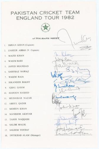 Pakistan tour to England 1982. Official autograph sheet with printed title and players’ names, fully signed in ink by all eighteen of the listed members of the touring party. Signatures are Imran Khan (Captain), Zaheer Abbas, Majid Khan, Wasim Bari, Javed