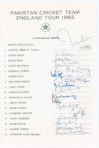 Pakistan tour to England 1982. Official autograph sheet with printed title and players’ names, fully signed in ink by all eighteen of the listed members of the touring party. Signatures are Imran Khan (Captain), Zaheer Abbas, Majid Khan, Wasim Bari, Javed