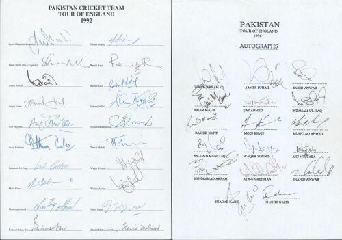 Pakistan tours to England 1992 & 1996. Two autograph sheets, one for the 1992 tour (appears official), and two copies of unofficial sheets for the 1996 tour. All sheets fully signed by the listed members of the touring parties. Players’ signatures are Jav