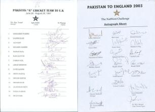 Pakistan ‘A’ tour to England 1997. Official autograph sheet fully signed in ink by the fifteen listed members of the tour. Signatures are Mohammad Wasim, Saleem Elahi, Ali Naqvi, Mujahid Jamshed, Hassan Raza, Rana Qayyum, Farhan Adil, Azhar Mehmood, Javed