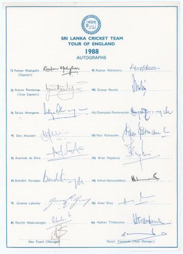 Sri Lanka tour to England 1988. Large official autograph sheet with printed title and players’ names, fully signed in ink by all eighteen listed members of the Sri Lanka touring party. Players’ signatures are Madugalle (Captain), Ranatunga, Ahangama, Anur