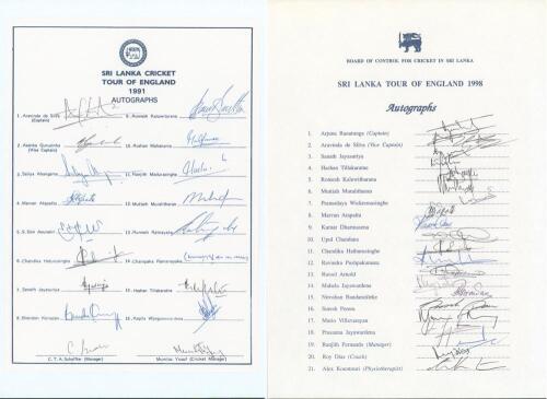 Sri Lanka tours to England 1991 & 1998. Two official autograph sheets, each with printed title and players&rsquo; names, both fully signed in ink by all eighteen and twenty one listed members of the Sri Lanka touring parties respectively. Players&rsquo; signatures ar
