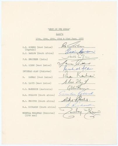 Rest of the World 1970. Rarer official autograph sheet for the Rest of the World team who played England at Lord’s, 17th- 23rd June 1970. Fully signed in ink by the twelve listed players. Signatures are Sobers (Captain), Barlow, Engineer, Gibbs, Intikhab 