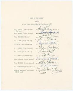 Rest of the World 1970. Rarer official autograph sheet for the Rest of the World team who played England at Lord’s, 17th- 23rd June 1970. Fully signed in ink by the twelve listed players. Signatures are Sobers (Captain), Barlow, Engineer, Gibbs, Intikhab 