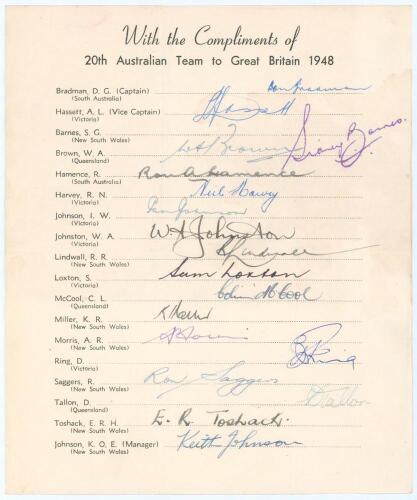 Australian tour of England 1948. Official autograph sheet with printed title and players’ names, fully signed in ink by all eighteen members of the touring party. Signatures are Bradman (Captain), Hassett, Brown, Hamence, Harvey, Johnson, Johnston, Lindwa