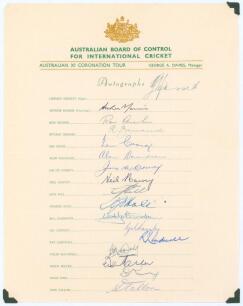 Australian tour of England 1953. ‘Australian XI Coronation Tour’. Official autograph sheet with printed title and players’ names, nicely and fully signed in ink by all seventeen members of the touring party. Signatures are Hassett (Captain), Morris, Arche