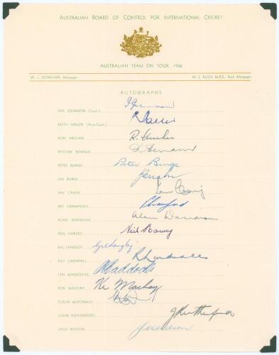 Australian tour of England 1956. Official autograph sheet with printed title and players’ names, nicely and fully signed in ink by all seventeen members of the touring party. Signatures are Johnson (Captain), Miller, Archer, Benaud, Burge, Burke, Craig, C