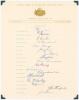 Australian tour of England 1956. Official autograph sheet with printed title and players’ names, nicely and fully signed in ink by all seventeen members of the touring party. Signatures are Johnson (Captain), Miller, Archer, Benaud, Burge, Burke, Craig, C