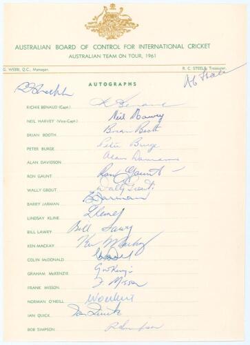 Australian tour of England 1961. Official autograph sheet with printed title and players&rsquo; names, fully signed in ink by all nineteen members of the touring party. Signatures are Benaud (Captain), Harvey, Booth, Burge, Davidson, Gaunt, Grout, Jarman, Kline