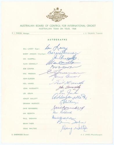 Australian tour of England 1968. Official autograph sheet with printed title and players&rsquo; names, fully signed in ink by all seventeen playing members of the touring party. Signatures are Lawry (Captain), Jarman, Chappell, Connolly, Cowper, Freeman, Gleeso