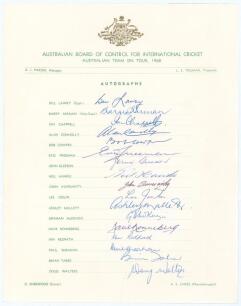 Australian tour of England 1968. Official autograph sheet with printed title and players’ names, fully signed in ink by all seventeen playing members of the touring party. Signatures are Lawry (Captain), Jarman, Chappell, Connolly, Cowper, Freeman, Gleeso