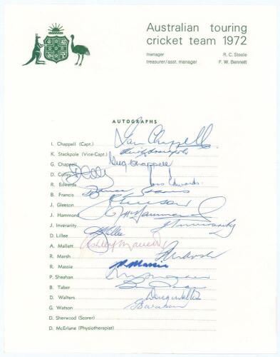 Australian tour of England 1972. Official autograph sheet with printed title and players’ names, fully signed in ink by all seventeen playing members of the touring party. Signatures are I. Chappell (Captain), Stackpole, G. Chappell, Colley, Edwards, Fran