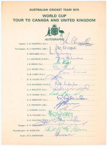Australian World Cup Tour to Canada and England 1975. Official autograph sheet with printed title and players&rsquo; names, fully signed in different coloured inks by all nineteen listed members of the Australian touring party. Players&rsquo; signatures are I. Chappe