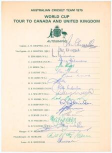 Australian World Cup Tour to Canada and England 1975. Official autograph sheet with printed title and players’ names, fully signed in different coloured inks by all nineteen listed members of the Australian touring party. Players’ signatures are I. Chappe