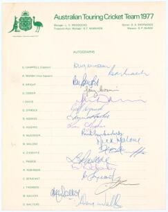 Australian tour to England 1977. Official autograph sheet with printed title and players’ names, fully signed in ink by all seventeen listed playing members. Signatures are Chappell (Captain), Marsh, Bright, Cosier, Davis, Dymock, Hookes, Hughes, McCosker