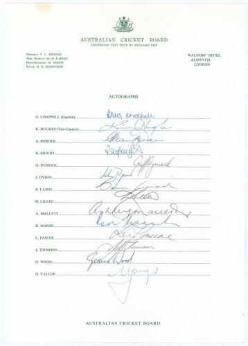 Australia tour to England 1980. Centenary Test tour. Official Australian Cricket Board autograph sheet with printed title and players’ names, fully signed in ink by the fourteen listed playing members of the Australia touring party. Signatures are Chappel