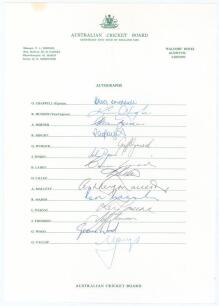 Australia tour to England 1980. Centenary Test tour. Official Australian Cricket Board autograph sheet with printed title and players’ names, fully signed in ink by the fourteen listed playing members of the Australia touring party. Signatures are Chappel