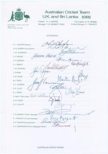 Australian tour to England and Sri Lanka 1981. Official autograph sheet with printed title and players’ names, fully signed in black and blue ink by all twenty listed members of the Australian touring party. Players’ signatures are Hughes (Captain), Marsh