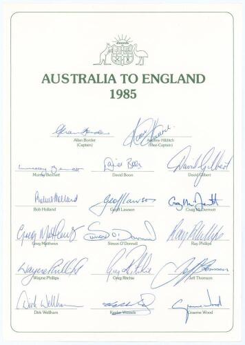 Australian tour of England 1985. Official autograph sheet with printed title and players’ names, fully signed in ink by all seventeen listed members of the touring party. Signatures are Border (Captain), Hilditch, Bennett, Boon, Gilbert, Holland, Lawson, 