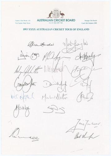 Australian tour of England 1993. Official Australian Cricket Board autograph sheet with printed title, fully signed in ink by all nineteen members of the touring party. Players’ signatures are Border (Captain), Taylor, Boon, Hayden, Healy, Holdsworth, Hug