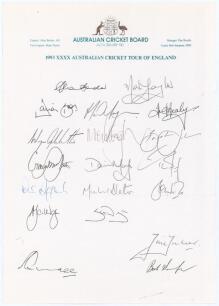 Australian tour of England 1993. Official Australian Cricket Board autograph sheet with printed title, fully signed in ink by all nineteen members of the touring party. Players’ signatures are Border (Captain), Taylor, Boon, Hayden, Healy, Holdsworth, Hug