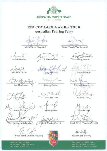 Australian tour of England 1997. Official Australian Cricket Board autograph sheet with printed title and players’ names, fully signed in ink by all twenty two listed members of the touring party. Players’ signatures are Taylor (Captain), S. Waugh, Bevan,