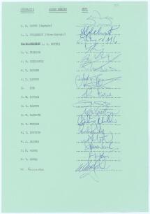 Australian tour of England 2001. Unofficial autograph sheet on green card with typed title and players’ names, fully signed in ink by all seventeen listed members of the touring party. Signatures are S. Waugh (Captain), Gilchrist, Noffke, Fleming, Gillesp