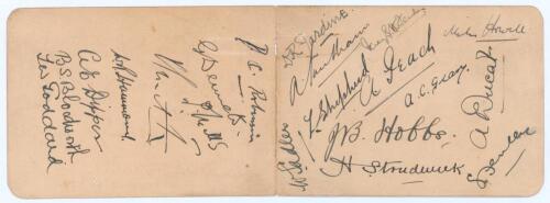 Surrey and Gloucestershire c.1926. Two small joined album pages comprising twelve nice signatures in ink of the Surrey team and eight of Gloucestershire, possibly for the match played at Kennington Oval, 12th & 14th May 1926. Surrey signatures are Fender,