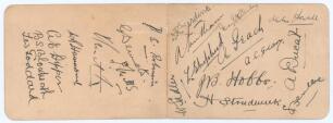 Surrey and Gloucestershire c.1926. Two small joined album pages comprising twelve nice signatures in ink of the Surrey team and eight of Gloucestershire, possibly for the match played at Kennington Oval, 12th & 14th May 1926. Surrey signatures are Fender,