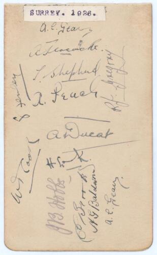 Surrey C.C.C. 1926. Small album page nicely signed in ink (one in pencil) by twelve members of the Surrey team. Signatures are Geary (signed twice), Jeacock, Shepherd, Peach, Fenley, Gregory, Ducat, Cook, Lock(?), Brooks, Baldwin, and Hobbs (signed in pen