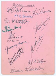 Surrey C.C.C. 1948. Album page nicely signed in different coloured inks ink by twelve members of the Surrey team. Signatures are Holmes (Captain), Brown, Barton, Fletcher, Barling, Squires, Laker, McMahon, A. Bedser, Watts, McIntyre and Fishlock. Very goo