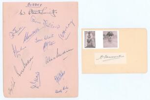 Surrey C.C.C. 1952. Large album page nicely signed in ink by fourteen members of the 1952 Surrey team. Signatures are Surridge (Captain), Fishlock, Parker[?], Fishlock, Constable, Clark, May, Laker, McIntyre, A. & E. Bedser, Lock, Fletcher, Whittaker and 