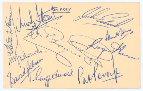 Surrey C.C.C. c.1966. Album page nicely signed in blue ink by ten members of the Surrey team. Signatures are Stewart (Captain), Storey, Edwards, Gibson, Barrington, Arnold, Edrich, Long, Harman and Pocock. Very good condition.