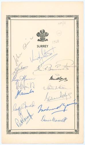 Surrey C.C.C. 1968. Large autograph sheet, with printed title and decorative border, signed by the team. Fourteen signatures in ink including Barrington, Stewart, Pocock, Roope, Arnold, Edrich, Mohammad Younis, Marriott etc. Horizontal fold, light creasin