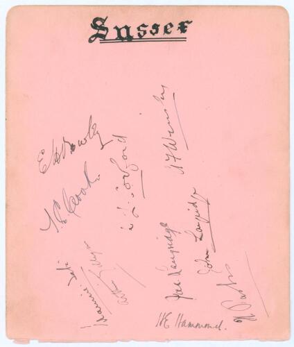 Sussex C.C.C. c.1929. Large album page signed in black ink by ten Sussex players. Signatures are Bowley, Cook, Tich Cornford, Wensley, Tate, A.E.R. Gilligan, John and James Langridge, Hammond and Harry Parks. To verso the signatures in ink of Hampshire pl