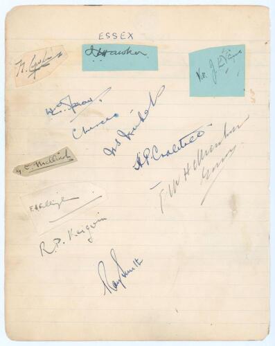 Essex C.C.C. 1920s/1930s. Ruled page comprising twelve signatures in ink, of which five are on pieces laid down, including some rarer players. Signatures signed to the page are Walter Spencer (3 matches 1938-1948), Charles Mercer (2 matches 1929), Stan Ni