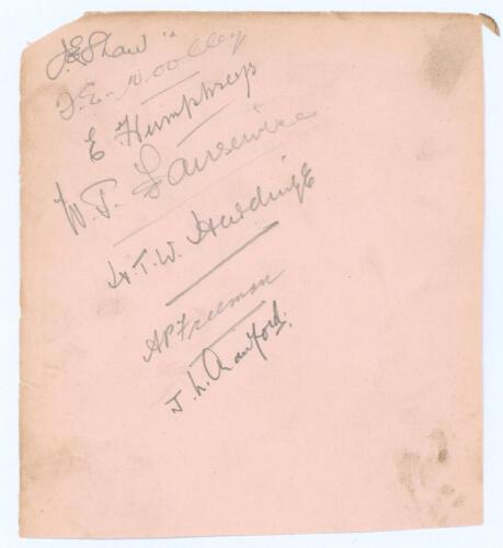 Kent C.C.C. signatures c.1920. Large album page signed in pencil by five Kent players, Frank Woolley, Punter Humphreys, Bill Fairservice, Wally Hardinge and Tich Freeman, also the scarcer signature of Jack Crawford (Surrey, South Australia, England etc. 1