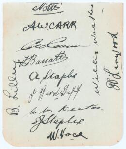 Nottinghamshire C.C.C. late 1920s. Album page very nicely signed in black ink by eleven members of the Nottinghamshire team. Signatures are Carr (Captain), G. Gunn, Barratt, A. Staples, Hardstaff, Keeton, S.J. Staples, Voce, Lilley, Walker and Larwood. Ap