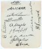 Nottinghamshire C.C.C. late 1920s. Album page very nicely signed in black ink by eleven members of the Nottinghamshire team. Signatures are Carr (Captain), G. Gunn, Barratt, A. Staples, Hardstaff, Keeton, S.J. Staples, Voce, Lilley, Walker and Larwood. Ap