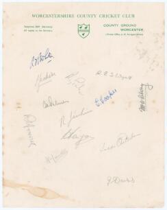 Worcestershire C.C.C. c.1947. Official club headed sheet signed by thirteen members of the Worcestershire team. Two signatures are in ink of White (Captain) and E. Cooper, the remainder in pencil are Jackson, Wyatt, Perks, Palmer, Jenkins, Howorth, Kenyon