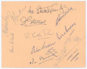 Surrey C.C.C. 1954. Album page nicely signed in ink to ‘Surrey C.C.C. Autographs 1954’ page by twelve members of the Surrey team. Signatures are Loader, Laker, Clark, Surridge, Fletcher, Subba Row, Alec Bedser, Barrington, Constable, Eric Bedser, McIntyre