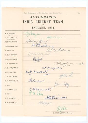 India tour to England 1952. Rare official autograph sheet with printed title ‘With the compliments of The Manager, India Cricket Team. Autographs. India Cricket Team in England 1952’ and players’ names to side. Fully and nicely signed in different coloure