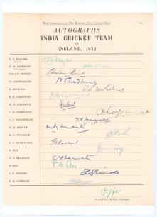 India tour to England 1952. Rare official autograph sheet with printed title ‘With the compliments of The Manager, India Cricket Team. Autographs. India Cricket Team in England 1952’ and players’ names to side. Fully and nicely signed in different coloure