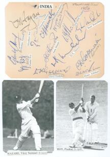 India tour to England 1952. Album page signed in ink by thirteen members of the Indian touring party. Signatures are Hazare (Captain), Ghulam Ahmed, Roy, Sen, Sarwate, Chowdhury, Shinde, D. Gaekwad, Phadkar, Ramchand, Mantri, Gopinath and Adhikari. The ma