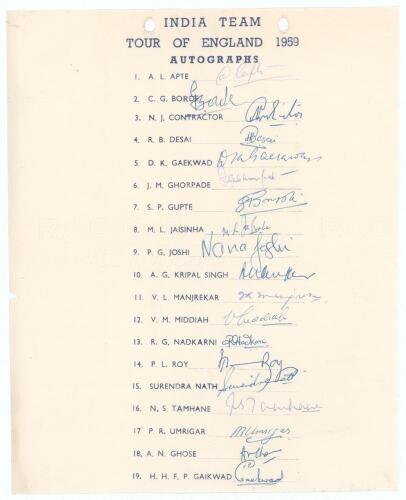 &lsquo;India Team Tour of England 1959&rsquo;. Official autograph sheet with printed title and players&rsquo; names. Fully and nicely signed in ink by all nineteen listed members of the India touring party. Signatures are Apte, Borde, Contractor, Desai, D.K. Gaekwad, Ghorp