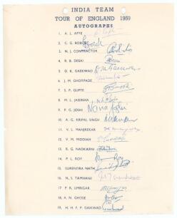 ‘India Team Tour of England 1959’. Official autograph sheet with printed title and players’ names. Fully and nicely signed in ink by all nineteen listed members of the India touring party. Signatures are Apte, Borde, Contractor, Desai, D.K. Gaekwad, Ghorp